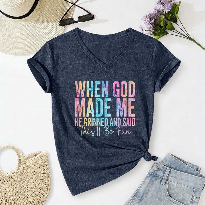 Christianartworkshop T-shirt casual con scollo a V e stampa sfumata colorata "When God Made Me" - Blu navy - 2XL - image 0