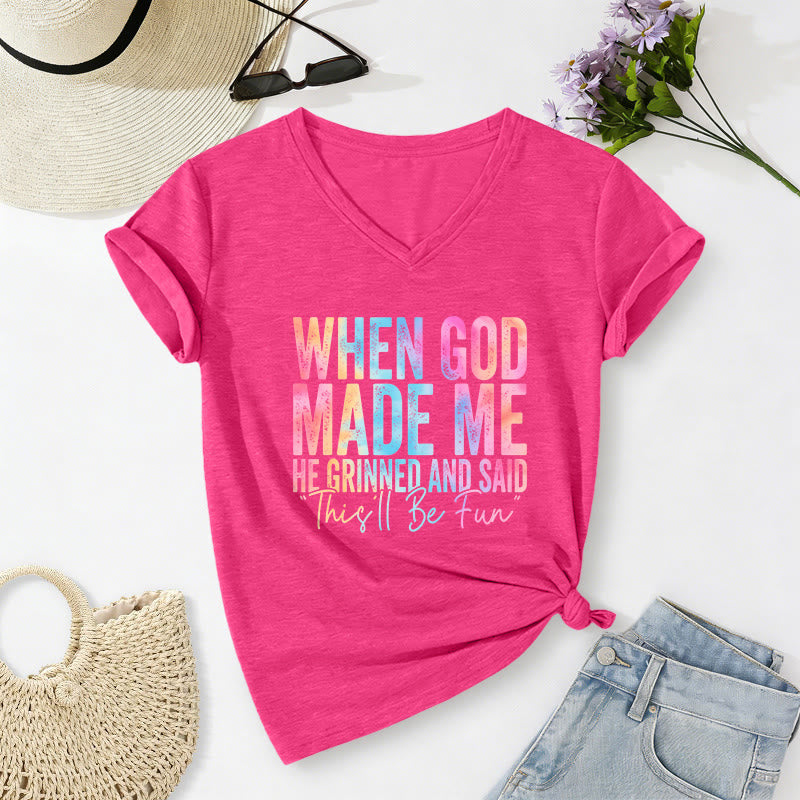 Christianartworkshop T-shirt casual con scollo a V e stampa sfumata colorata "When God Made Me" - Rosa - 2XL - image 24
