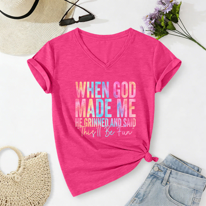 Christianartworkshop T-shirt casual con scollo a V e stampa sfumata colorata "When God Made Me" - Rosa - 2XL - image 24