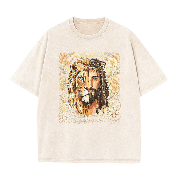 Christianartworkshop T-shirt unisex lavata con stampa floreale del Leone di Giuda e messaggio di fede. - Beige - 5XL - image 5