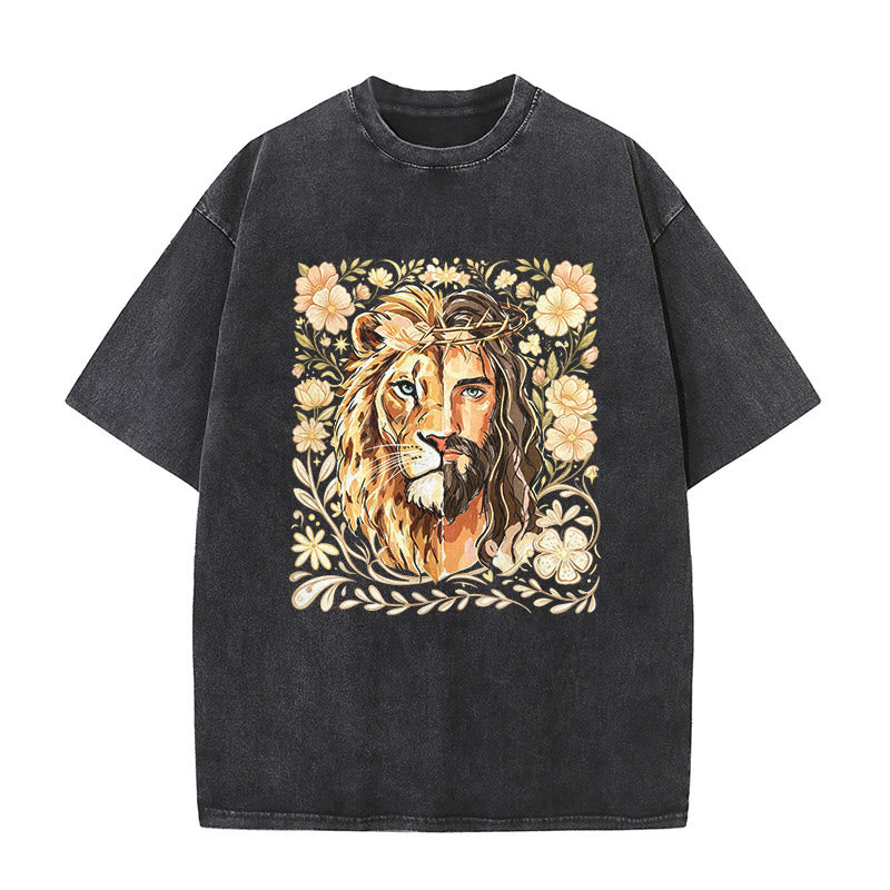 Christianartworkshop T-shirt unisex lavata con stampa floreale del Leone di Giuda e messaggio di fede. - Nero - 5XL - image 2