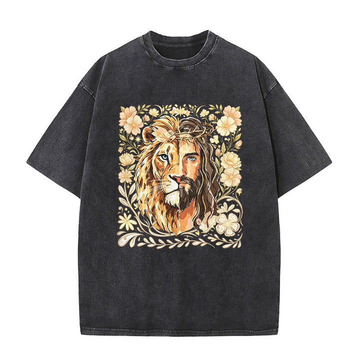 Christianartworkshop T-shirt unisex lavata con stampa floreale del Leone di Giuda e messaggio di fede. - Nero - 5XL - image 2