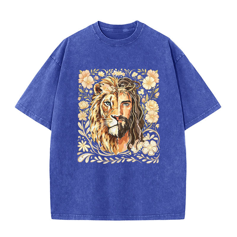 Christianartworkshop T-shirt unisex lavata con stampa floreale del Leone di Giuda e messaggio di fede. - Blu - 5XL - image 8