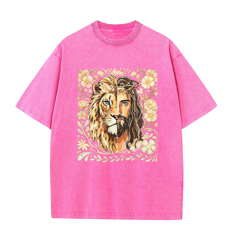 Christianartworkshop T-shirt unisex lavata con stampa floreale del Leone di Giuda e messaggio di fede. - Rosa - 5XL - image 6
