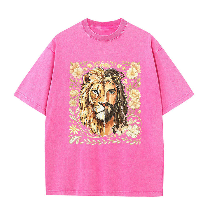 Christianartworkshop T-shirt unisex lavata con stampa floreale del Leone di Giuda e messaggio di fede. - Rosa - 5XL - image 6