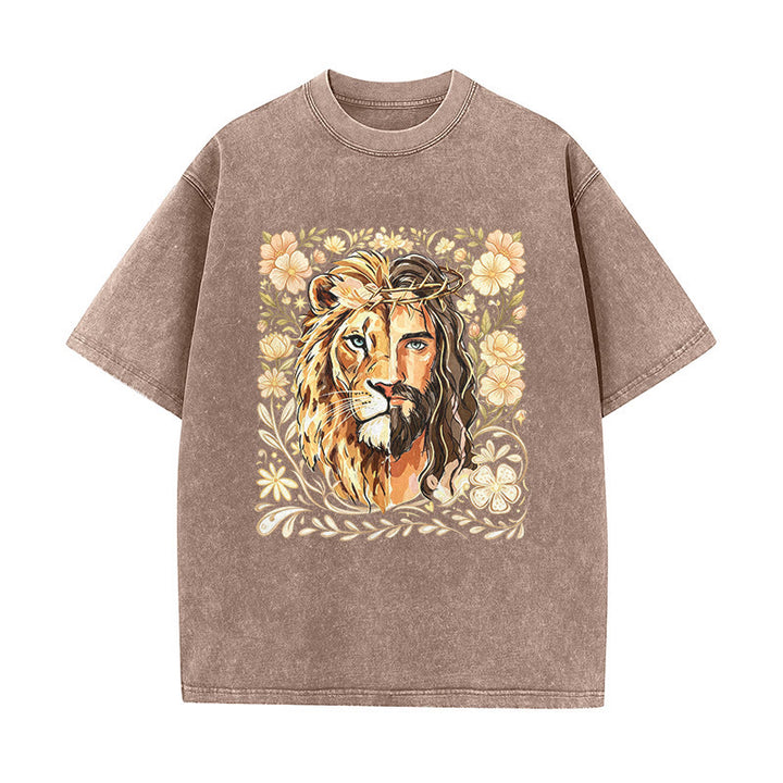 Christianartworkshop T-shirt unisex lavata con stampa floreale del Leone di Giuda e messaggio di fede. - Marrone - 5XL - image 4