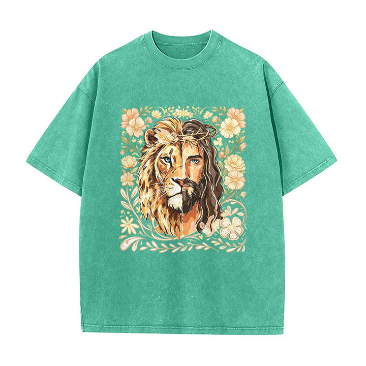 Christianartworkshop T-shirt unisex lavata con stampa floreale del Leone di Giuda e messaggio di fede. - Verde - 5XL - image 3