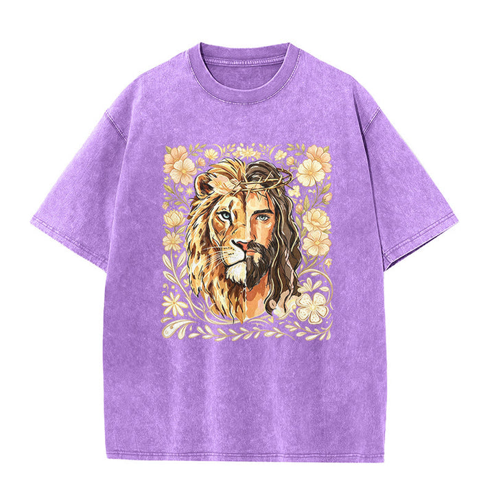 Christianartworkshop T-shirt unisex lavata con stampa floreale del Leone di Giuda e messaggio di fede. - Viola - 5XL - image 7