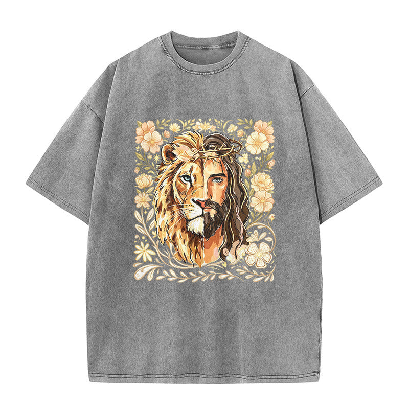 Christianartworkshop T-shirt unisex lavata con stampa floreale del Leone di Giuda e messaggio di fede. - Grigio - 5XL - image 9