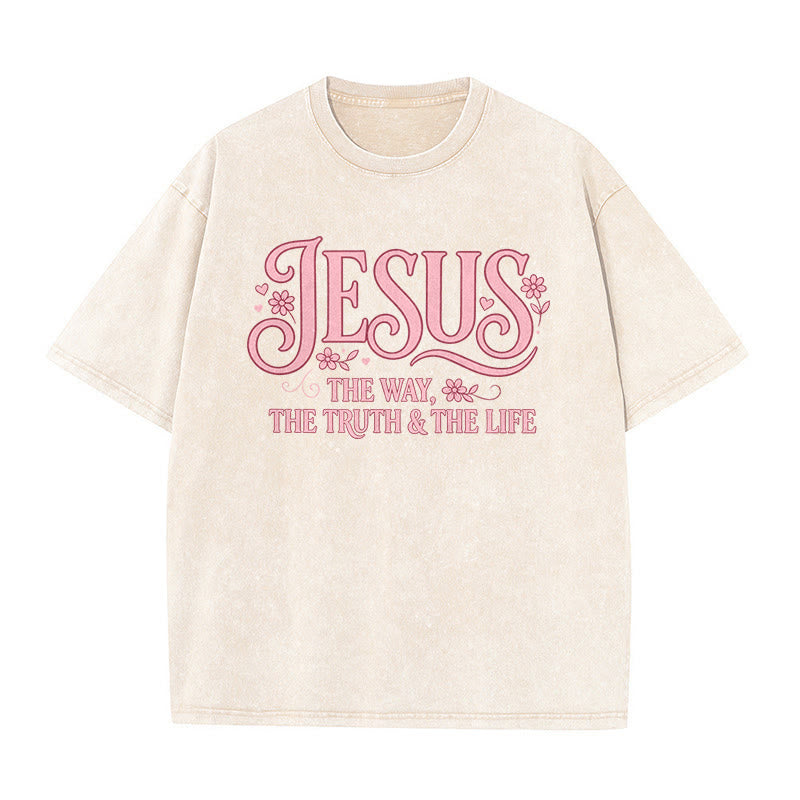 Christianartworkshop T-shirt unisex lavata con decorazione floreale "Gesù la Via, la Verità e la Vita" - Beige - 5XL - image 1
