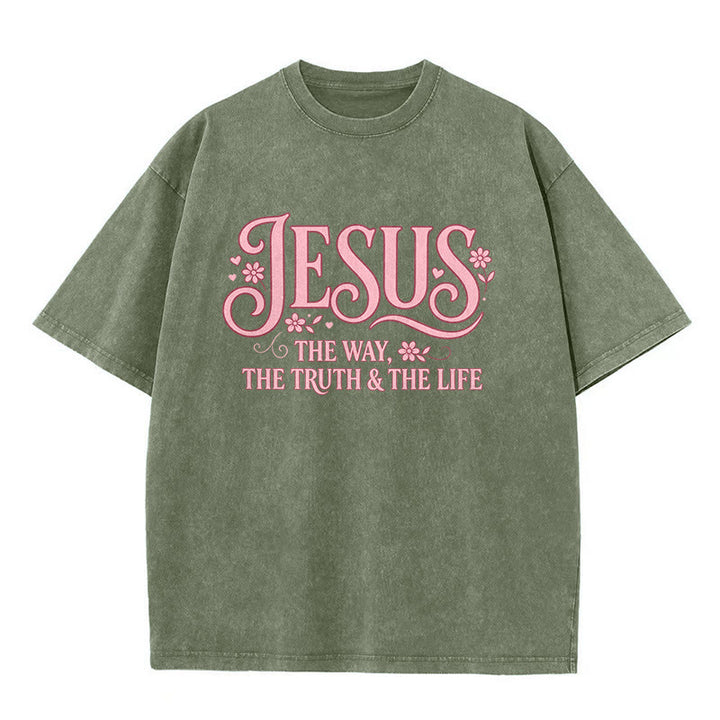Christianartworkshop T-shirt unisex lavata con decorazione floreale "Gesù la Via, la Verità e la Vita" - Verde militare - 5XL - image 2