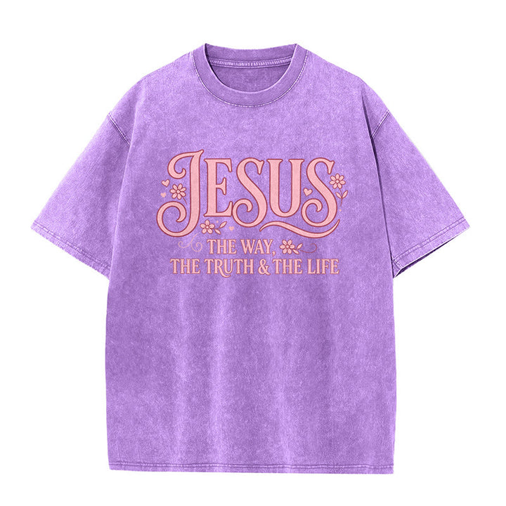 Christianartworkshop T-shirt unisex lavata con decorazione floreale "Gesù la Via, la Verità e la Vita" - Viola - 5XL - image 7