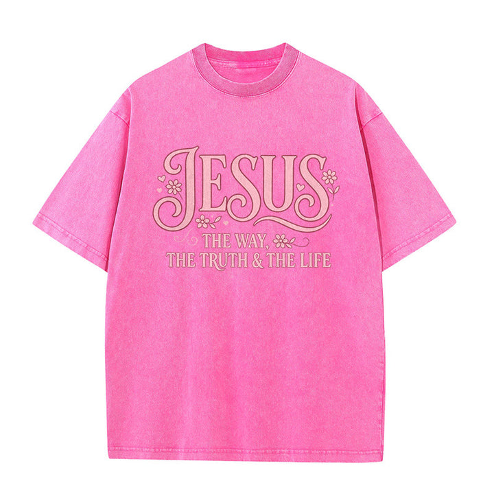 Christianartworkshop T-shirt unisex lavata con decorazione floreale "Gesù la Via, la Verità e la Vita" - Rosa - 5XL - image 6