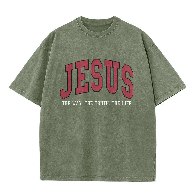 Christianartworkshop T-shirt unisex lavata in stile streetwear con la scritta "Gesù la Via, la Verità, la Vita". - Verde militare - 5XL - image 3