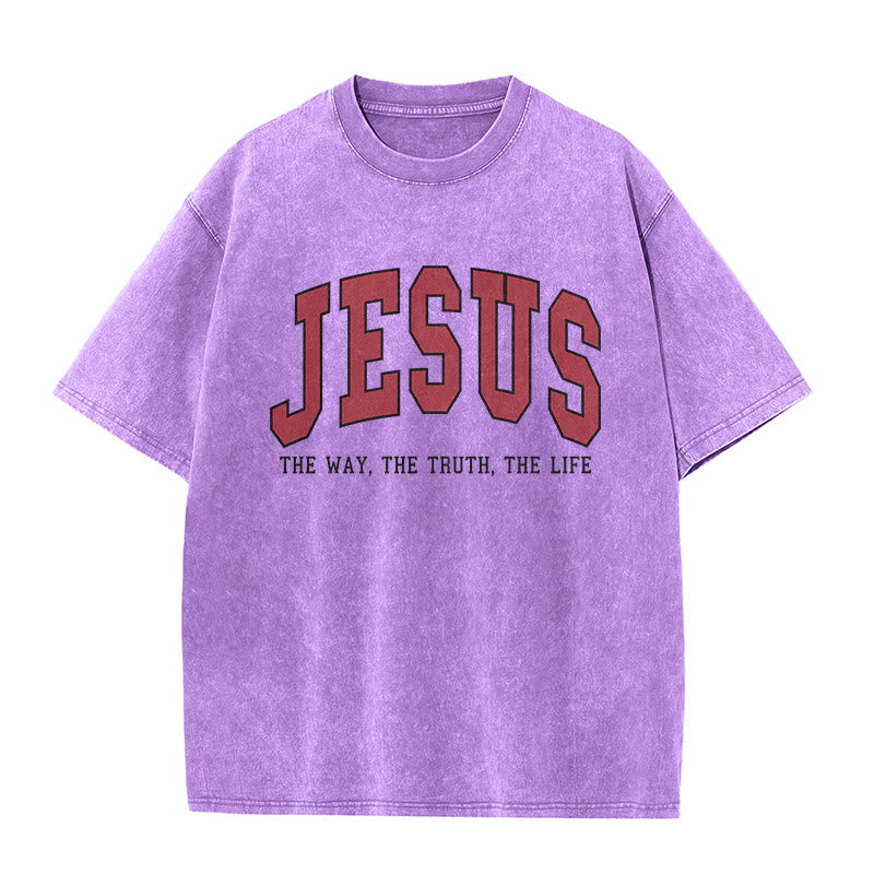 Christianartworkshop T-shirt unisex lavata in stile streetwear con la scritta "Gesù la Via, la Verità, la Vita". - Viola - 5XL - image 7