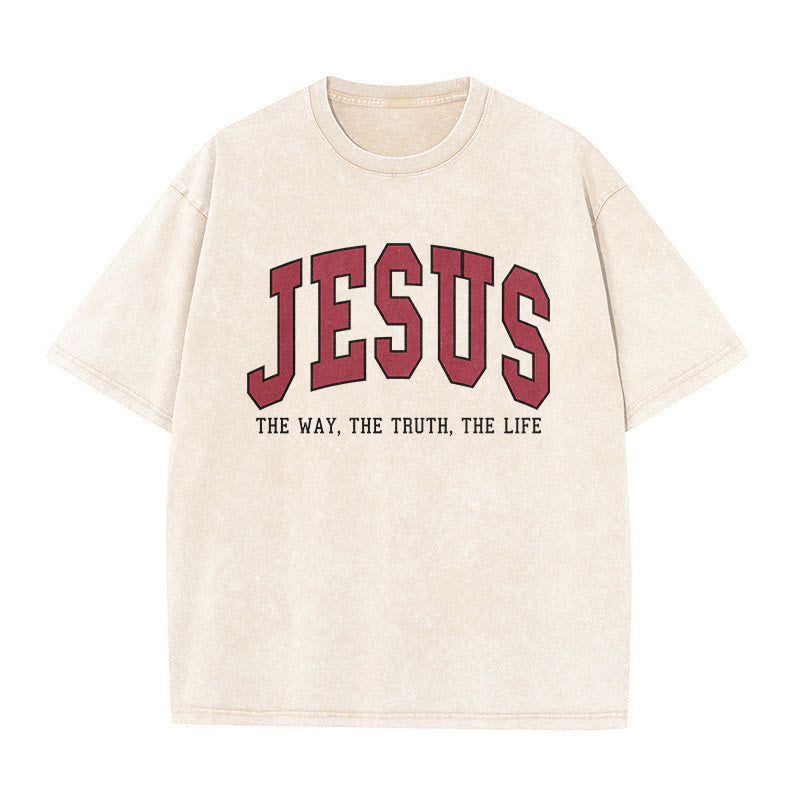 Christianartworkshop T-shirt unisex lavata in stile streetwear con la scritta "Gesù la Via, la Verità, la Vita". - Beige - 5XL - image 2