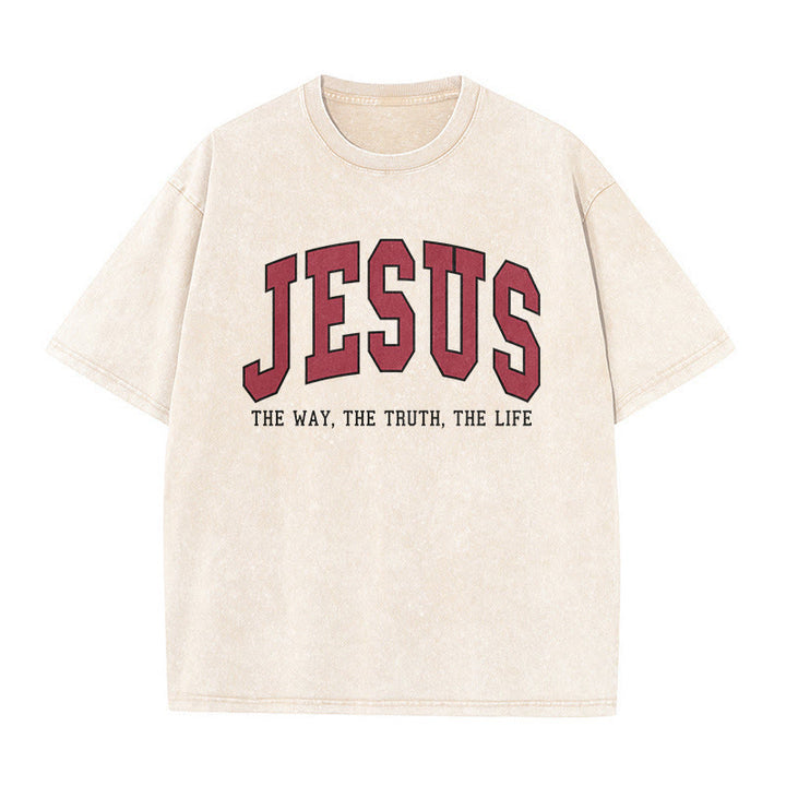 Christianartworkshop T-shirt unisex lavata in stile streetwear con la scritta "Gesù la Via, la Verità, la Vita". - Beige - 5XL - image 2