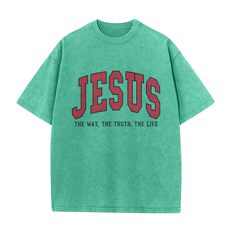 Christianartworkshop T-shirt unisex lavata in stile streetwear con la scritta "Gesù la Via, la Verità, la Vita". - Verde - 5XL - image 4