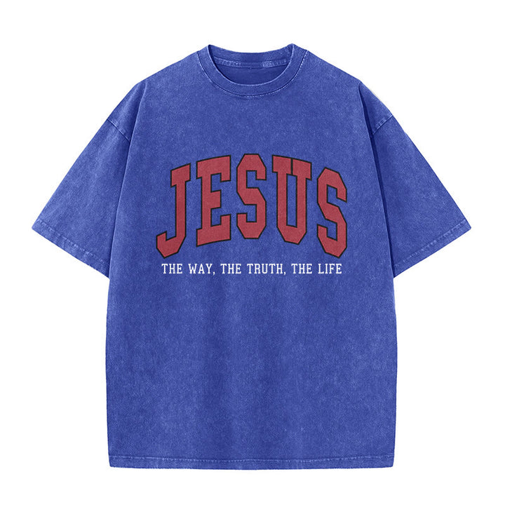 Christianartworkshop T-shirt unisex lavata in stile streetwear con la scritta "Gesù la Via, la Verità, la Vita". - Blu - 5XL - image 8