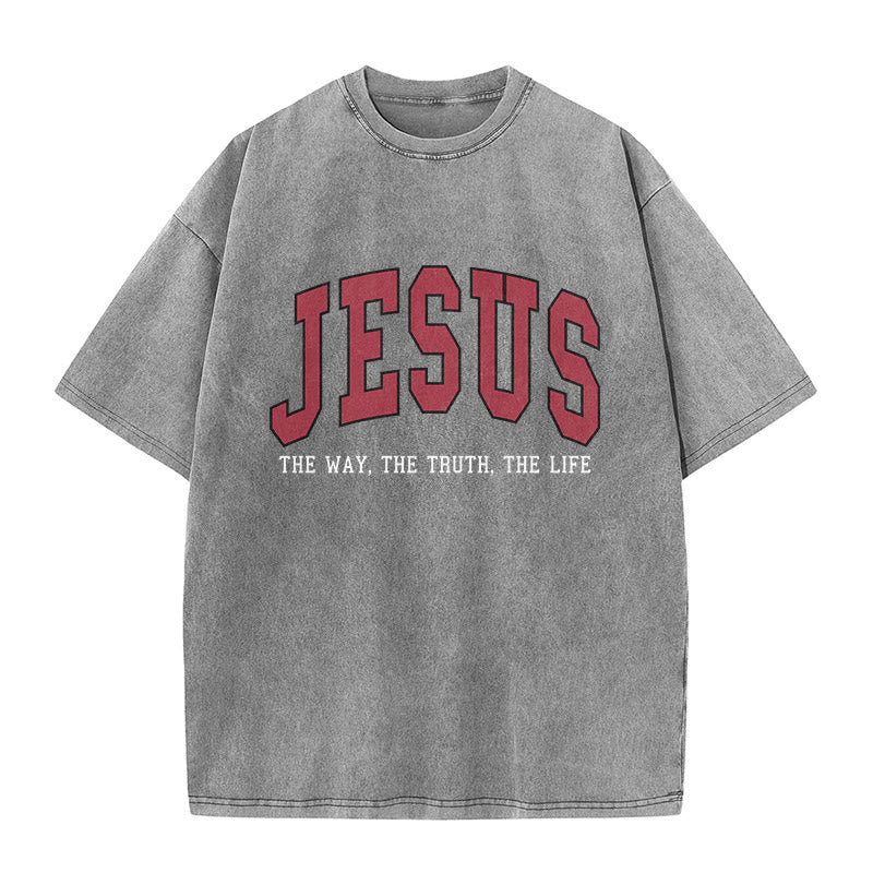 Christianartworkshop T-shirt unisex lavata in stile streetwear con la scritta "Gesù la Via, la Verità, la Vita". - Grigio - 5XL - image 9