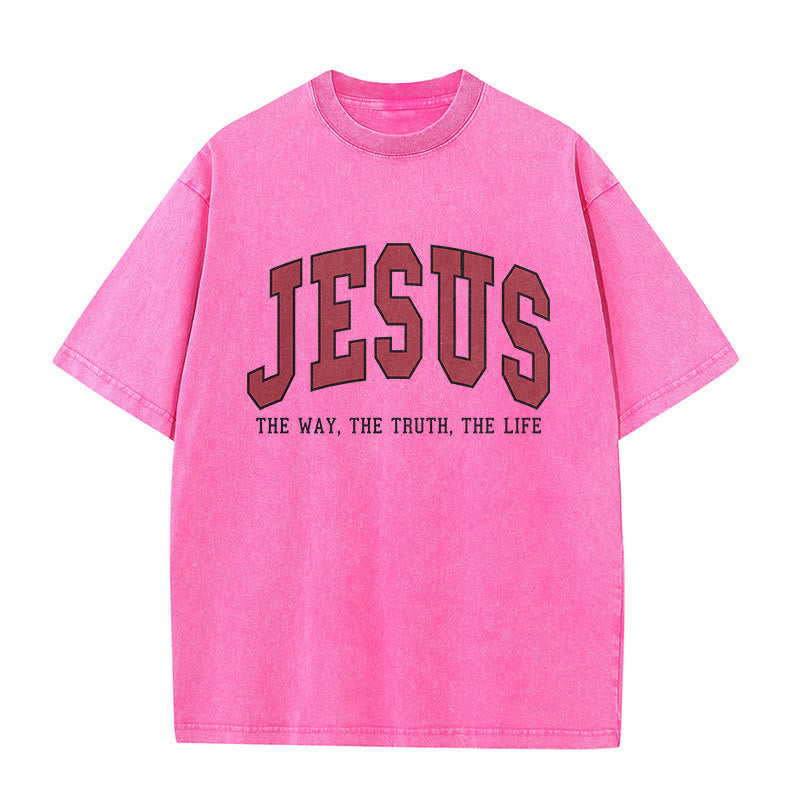 Christianartworkshop T-shirt unisex lavata in stile streetwear con la scritta "Gesù la Via, la Verità, la Vita". - Rosa - 5XL - image 6