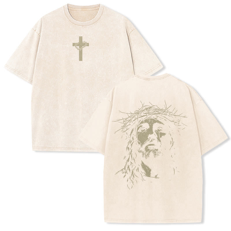 Christianartworkshop T-shirt unisex lavata con croce e corona di spine. - Beige - 5XL - image 5
