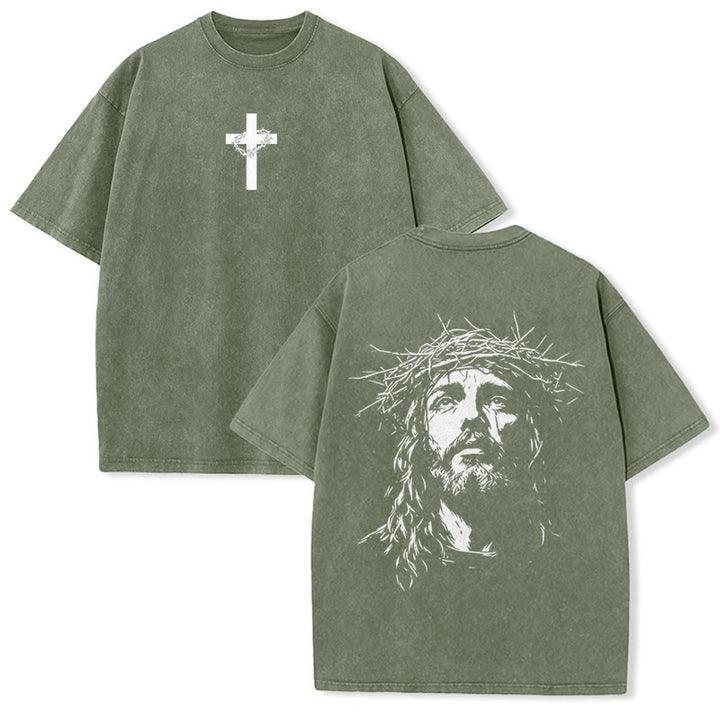 Christianartworkshop T-shirt unisex lavata con croce e corona di spine. - Verde militare - 5XL - image 8