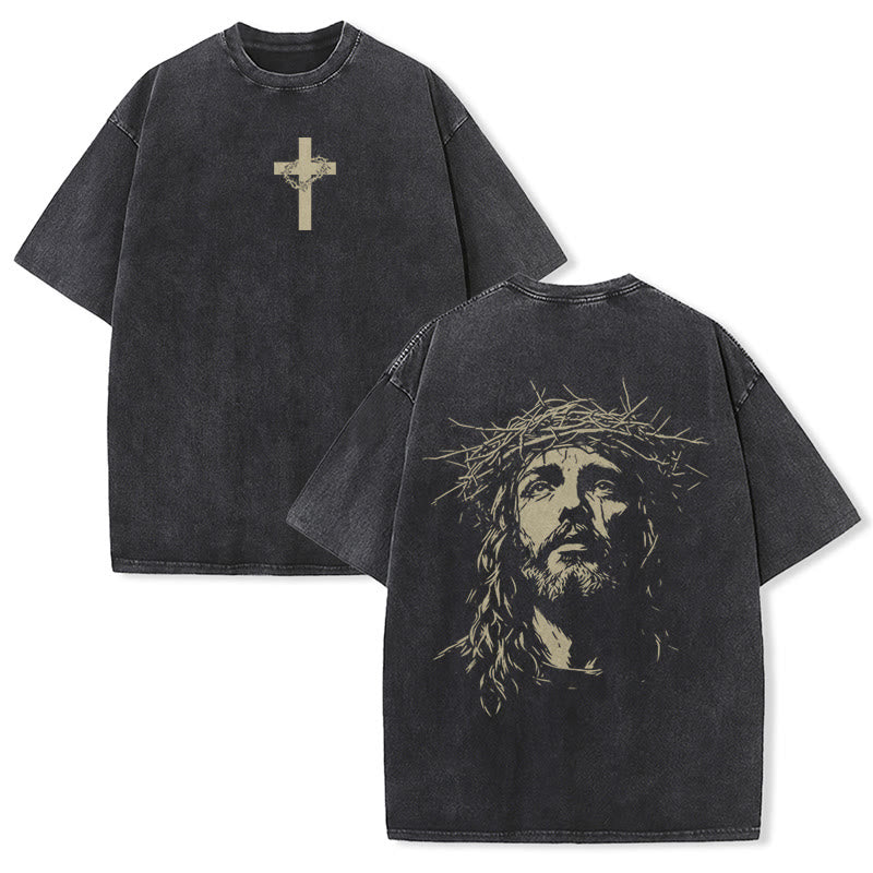 Christianartworkshop T-shirt unisex lavata con croce e corona di spine. - Nero - 5XL - image 2
