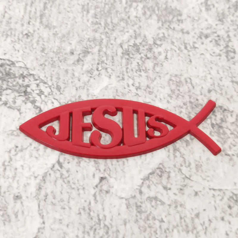 Christianartworkshop Adesivo per auto Ichthys a forma di pesce con immagine di Gesù in rilievo: simbolo di fede incrollabile e protezione divina. - Rosso - image 5