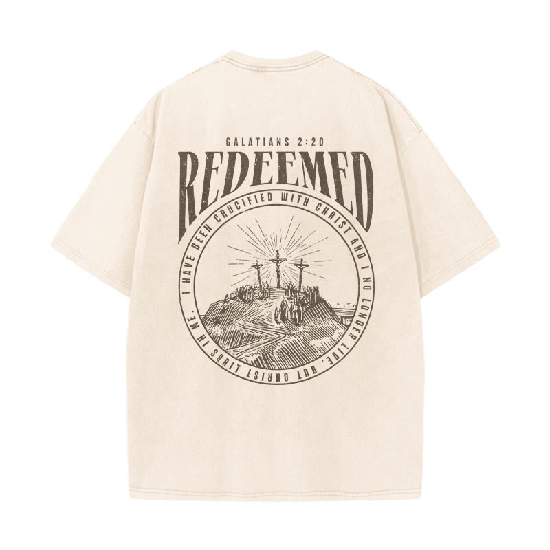 Christianartworkshop T-shirt unisex lavata con stampa fronte e retro "Redeemed" Galati 2:20 - image 3