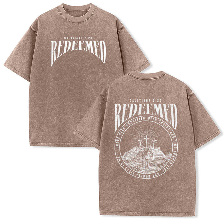 Christianartworkshop T-shirt unisex lavata con stampa fronte e retro "Redeemed" Galati 2:20 - Marrone - 5XL - image 14