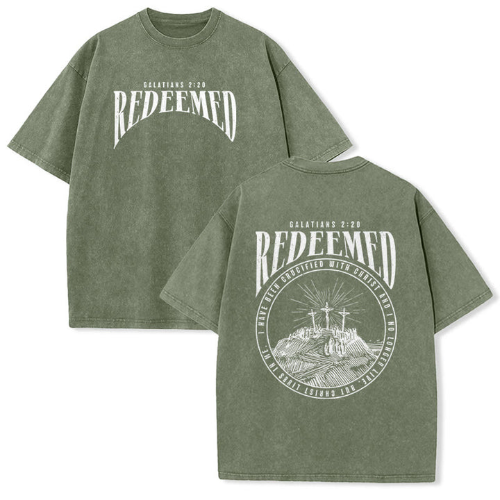 Christianartworkshop T-shirt unisex lavata con stampa fronte e retro "Redeemed" Galati 2:20 - Verde militare - 5XL - image 11