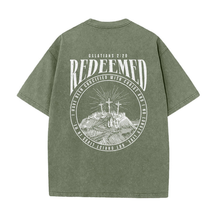 Christianartworkshop T-shirt unisex lavata con stampa fronte e retro "Redeemed" Galati 2:20 - image 12