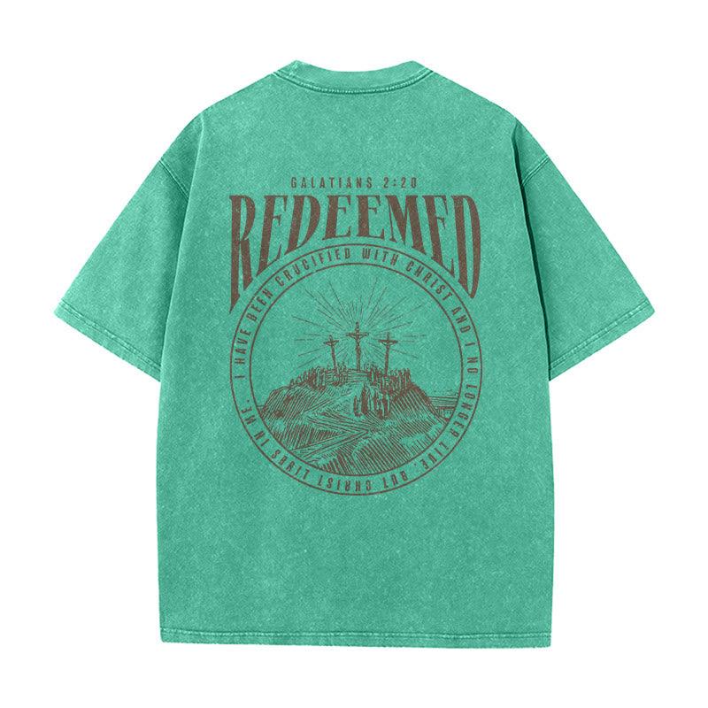 Christianartworkshop T-shirt unisex lavata con stampa fronte e retro "Redeemed" Galati 2:20 - image 6