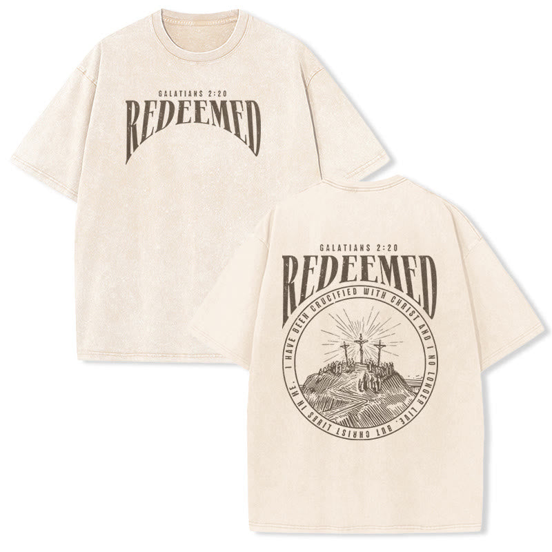 Christianartworkshop T-shirt unisex lavata con stampa fronte e retro "Redeemed" Galati 2:20 - Beige - 5XL - image 2