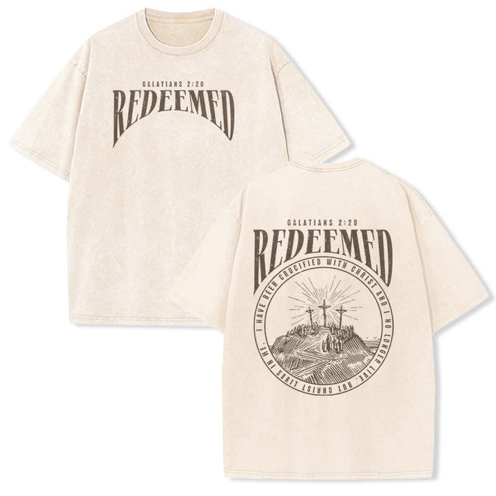 Christianartworkshop T-shirt unisex lavata con stampa fronte e retro "Redeemed" Galati 2:20 - Beige - 5XL - image 2