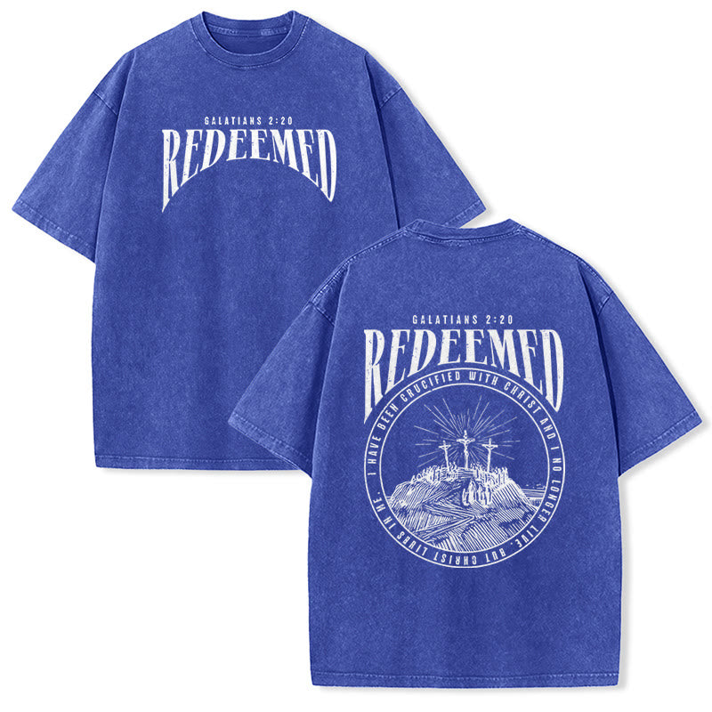 Christianartworkshop T-shirt unisex lavata con stampa fronte e retro "Redeemed" Galati 2:20 - Blu - 5XL - image 23
