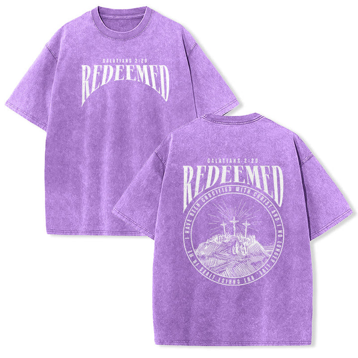 Christianartworkshop T-shirt unisex lavata con stampa fronte e retro "Redeemed" Galati 2:20 - Viola - 5XL - image 20