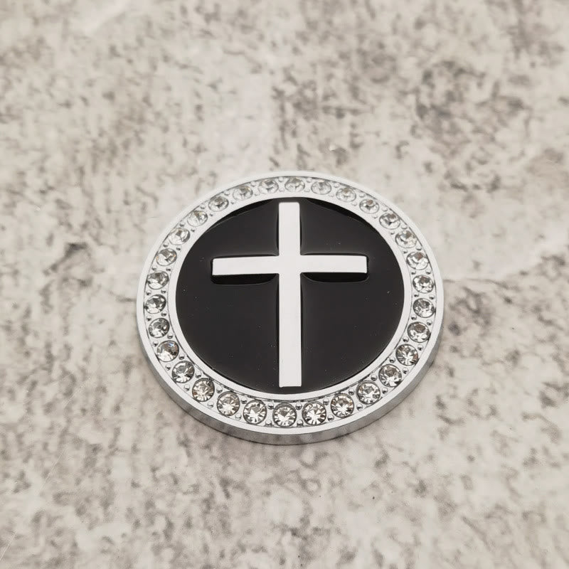 Christianartworkshop Adesivo per auto con croce circolare in rilievo e bordo di strass: simbolo di grazia divina e protezione completa durante il viaggio. - Argento e nero - image 4