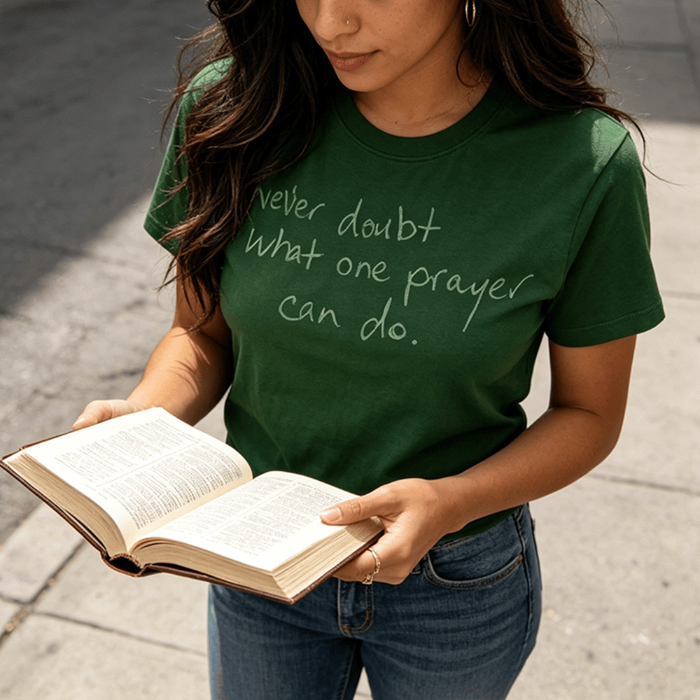 Christianartworkshop T-shirt a maniche corte premium con la scritta "Non dubitare mai di ciò che una preghiera può fare". - image 0