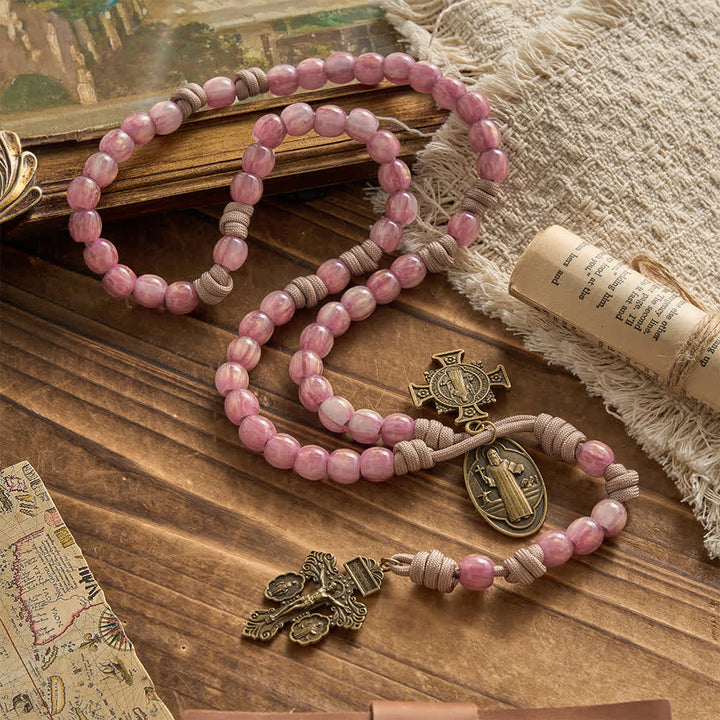 Christianartworkshop Rosario in paracord rosa cipria con San Benedetto in bronzo antico. - San Benedetto e Crocifisso - image 0