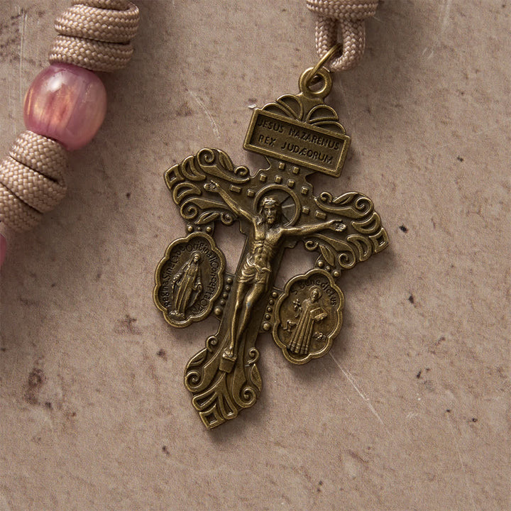 Christianartworkshop Rosario in paracord rosa cipria con San Benedetto in bronzo antico. - image 8