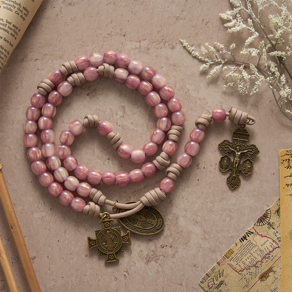 Christianartworkshop Rosario in paracord rosa cipria con San Benedetto in bronzo antico. - image 6