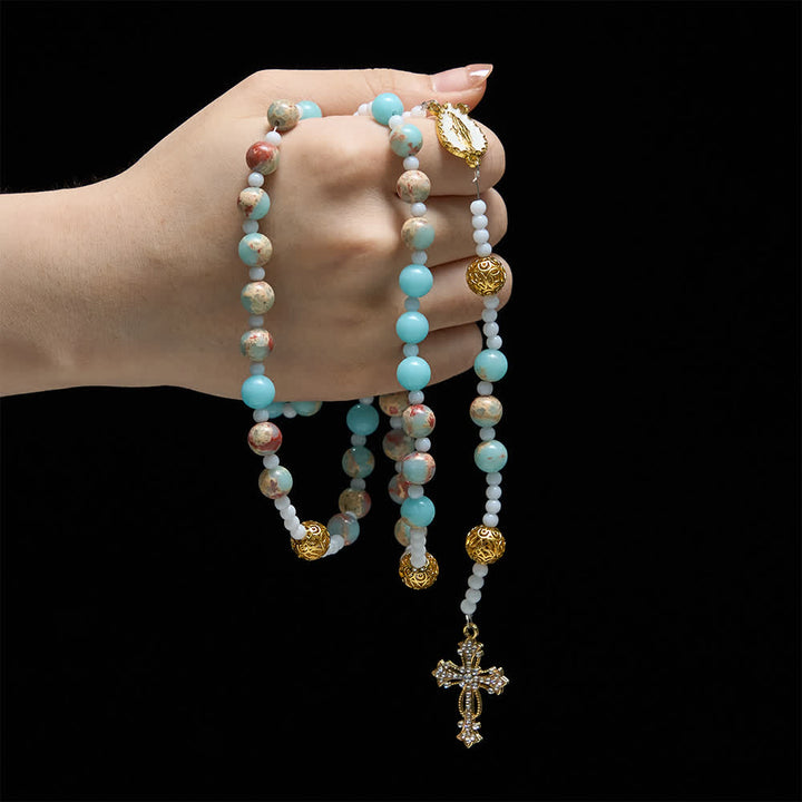 Christianartworkshop Rosario in pietra Shoushan color acquamarina tenue: devozione alla Madonna Mariana - image 1