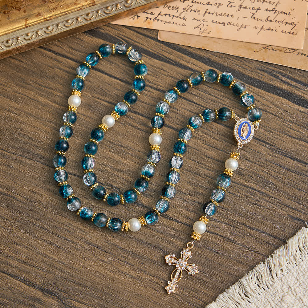Christianartworkshop Rosario con perle di vetro blu craquelé per la devozione mariana quotidiana. - Nostra Signora e la Croce - image 0