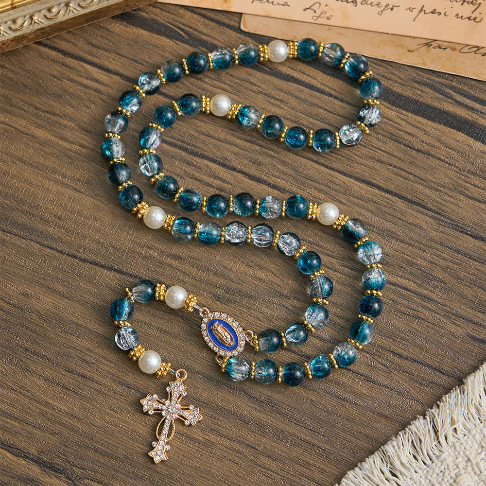 Christianartworkshop Rosario con perle di vetro blu craquelé per la devozione mariana quotidiana. - image 2