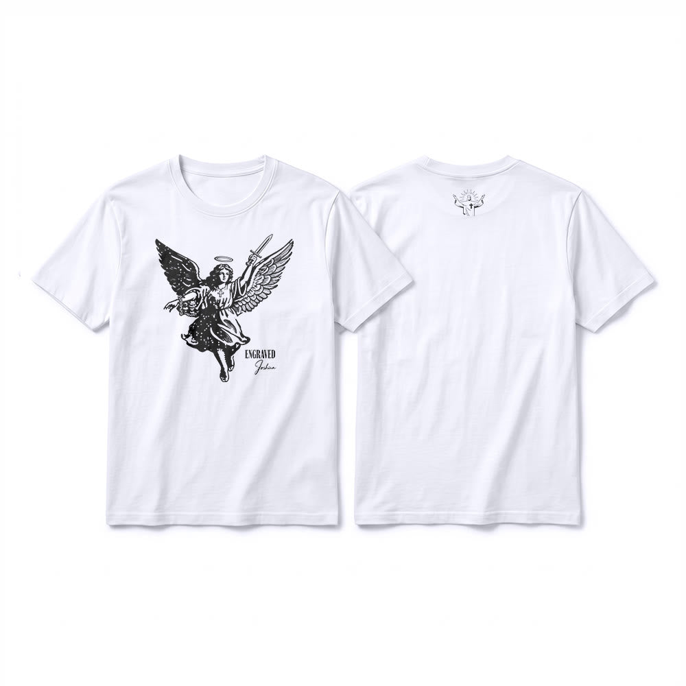 Christianartworkshop T-shirt a maniche corte premium "Giosuè guerriero angelo" con incisione - Bianco - 2XL - image 1