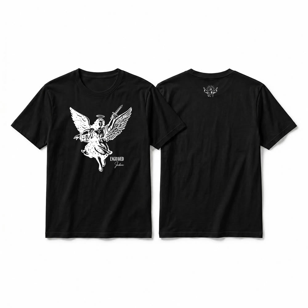 Christianartworkshop T-shirt a maniche corte premium "Giosuè guerriero angelo" con incisione - Nero - 2XL - image 13