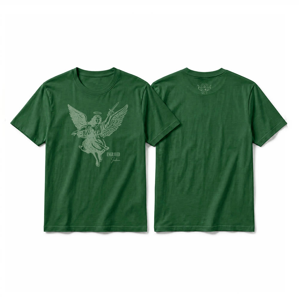 Christianartworkshop T-shirt a maniche corte premium "Giosuè guerriero angelo" con incisione - Verde scuro - 2XL - image 4