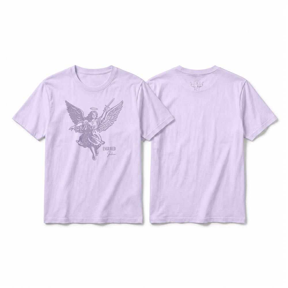 Christianartworkshop T-shirt a maniche corte premium "Giosuè guerriero angelo" con incisione - Viola - 2XL - image 16